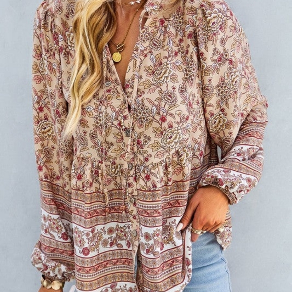 Bohemian Floral Peasant Blouse - Cream & Rust - Picture 3 of 11